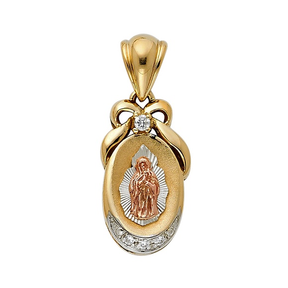 14K Tri Color CZ Religious Guadalupe Pendant
